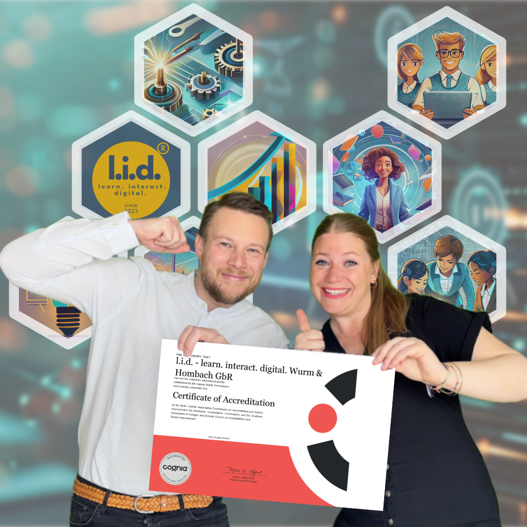 Lea Wurm und Tobias Hombach zeigen lächelnd ein l.i.d.-Zertifikat, im Hintergrund Illustrationen zu Technologie und Teamarbeit.
