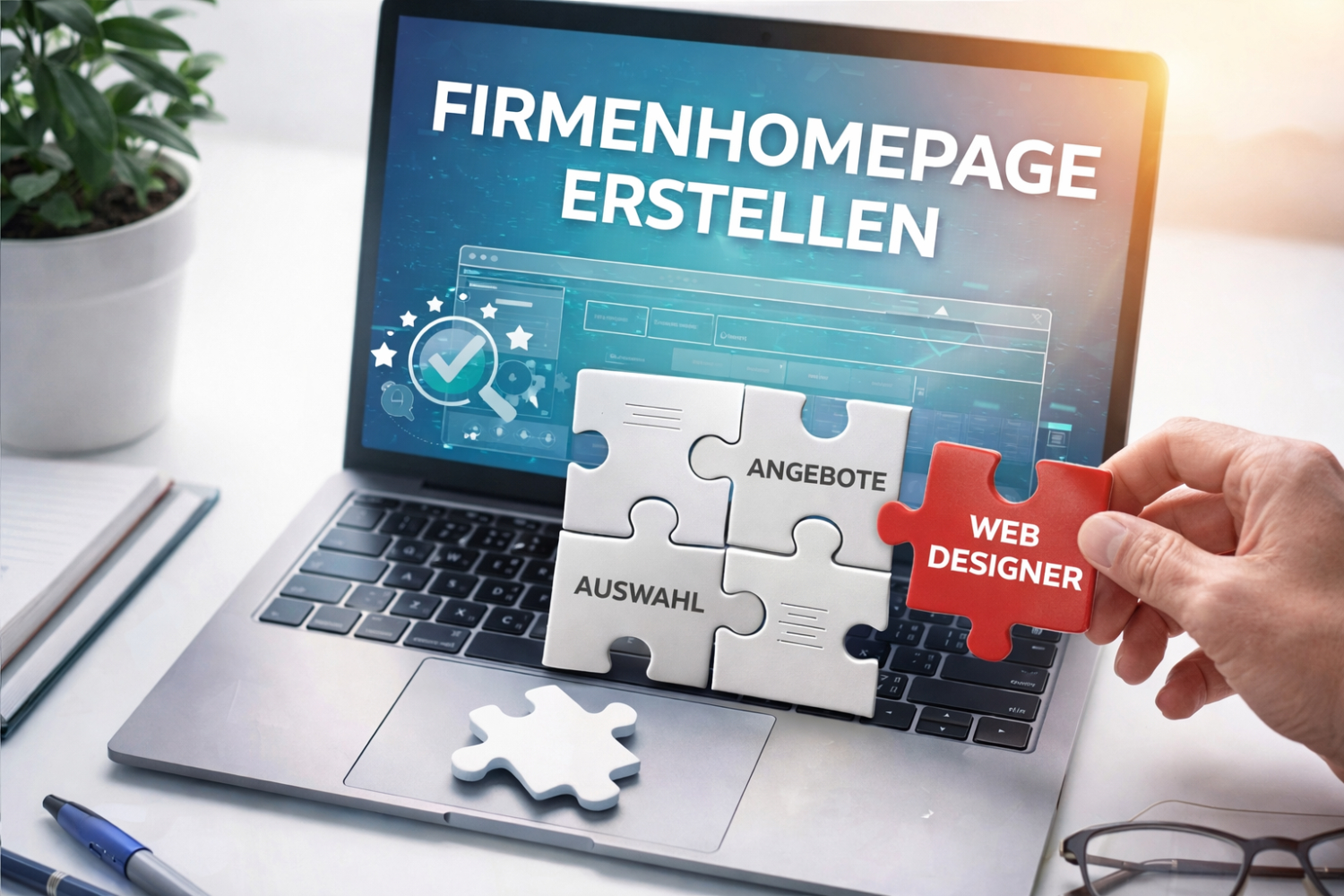 Laptop mit Website-Interface, davor Puzzle-Teile mit „Angebote“ und „Auswahl“. Eine Hand setzt ein rotes Teil „Webdesigner“ ein – Symbol für die gezielte Anbieterwahl beim Erstellen einer Firmenhomepage.