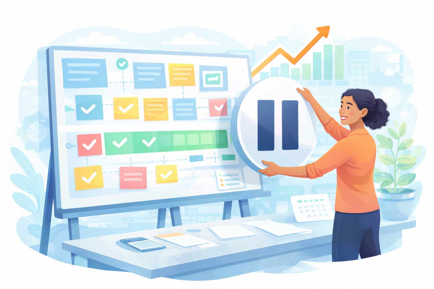 Projektboard wird durch Entfernen eines Pause Symbols wieder aktiviert. Das Bild steht für klare Entscheidungen und neuen Fortschritt.