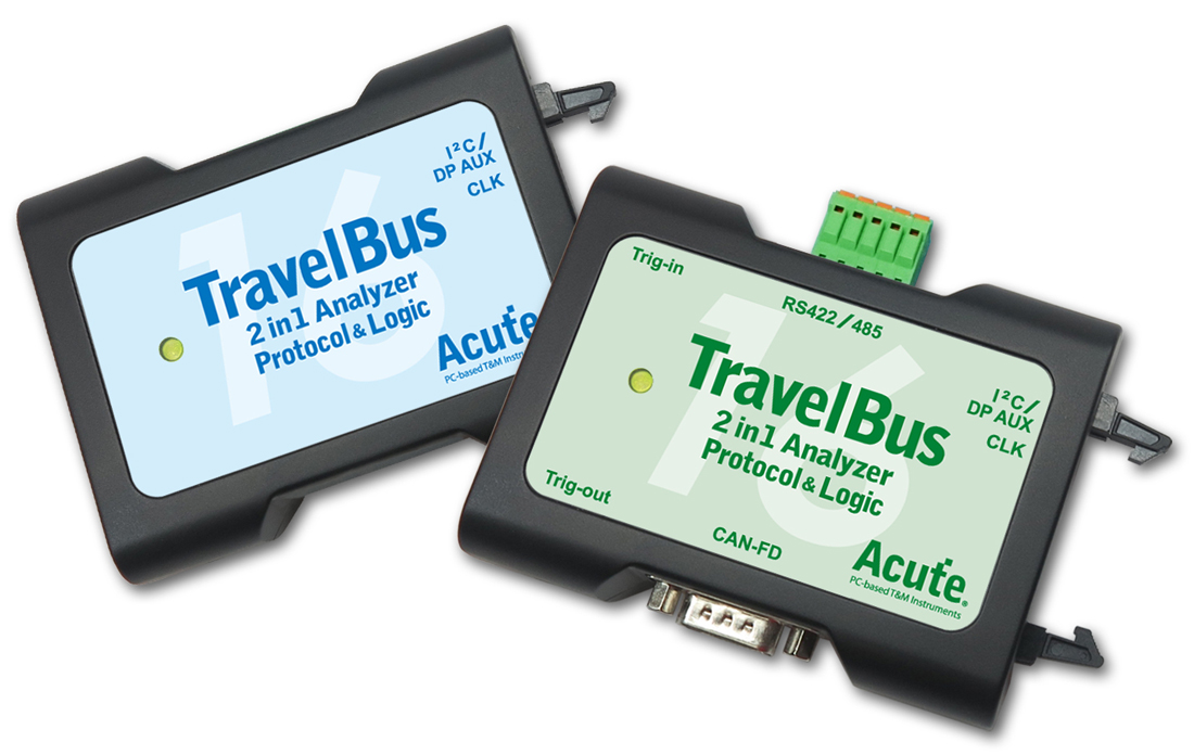 Die TravelBus 3000-Serie ist in der Regel für Messungen in der Fahrzeug- und Automatisierungsindustrie vorgesehen. 
PC-basiert, USB 3.0-Schnittstelle/Stromversorgung
800 MHz Timing / 200 MHz State Analyse
Digitale Kanäle: 16 (Daten), 1 (Takt), 2 (I²C/DP_AUX)
Speicher: PC RAM
Echtzeitdaten und Wellenformanzeige
Datenlogger
Die TravelBus TB3000-Serie unterstützt nicht nur die gängigen Protokolle wie I2C usw., sondern auch die direkte Messung von Differenzsignalen wie RS485 (EIA485)、RS422、CAN2.0、CAN FD、DP-AUX usw.. Darüber hinaus ist die TB3000-Serie ein 2-in-1-Analysator (Logic Analyzer Mode & Protocol Analyzer Mode) in einem System für die Langzeit-Analyse serieller Bussysteme.
